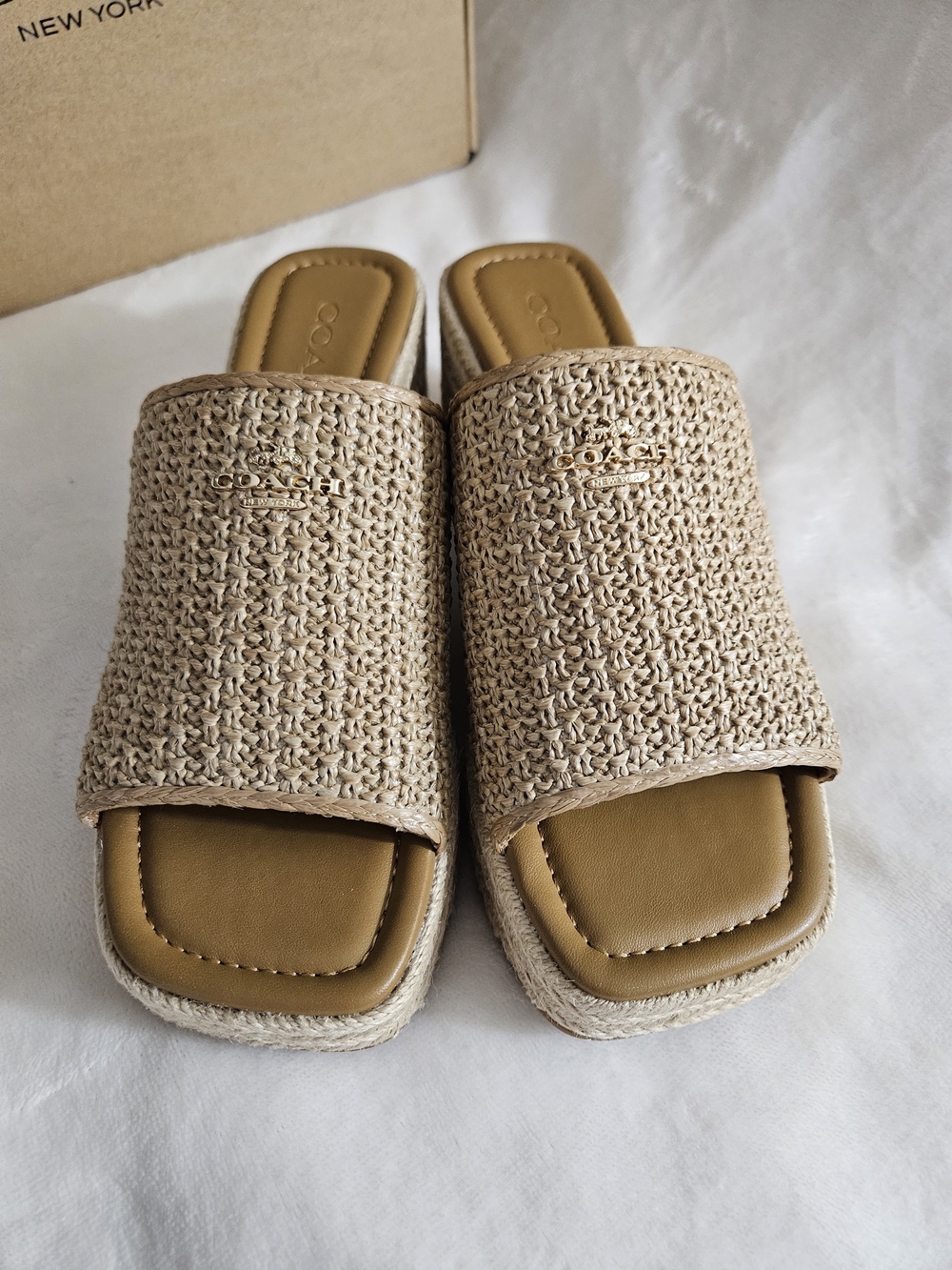 COACH Phobe Rafia Women's Natural Jute Woven Platform Slide Sandals 6.5B New - Picture 2 of 9